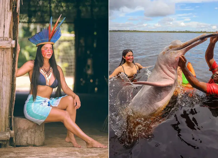 Ex BBB Kerline nada com botos em viagem a Amazonia